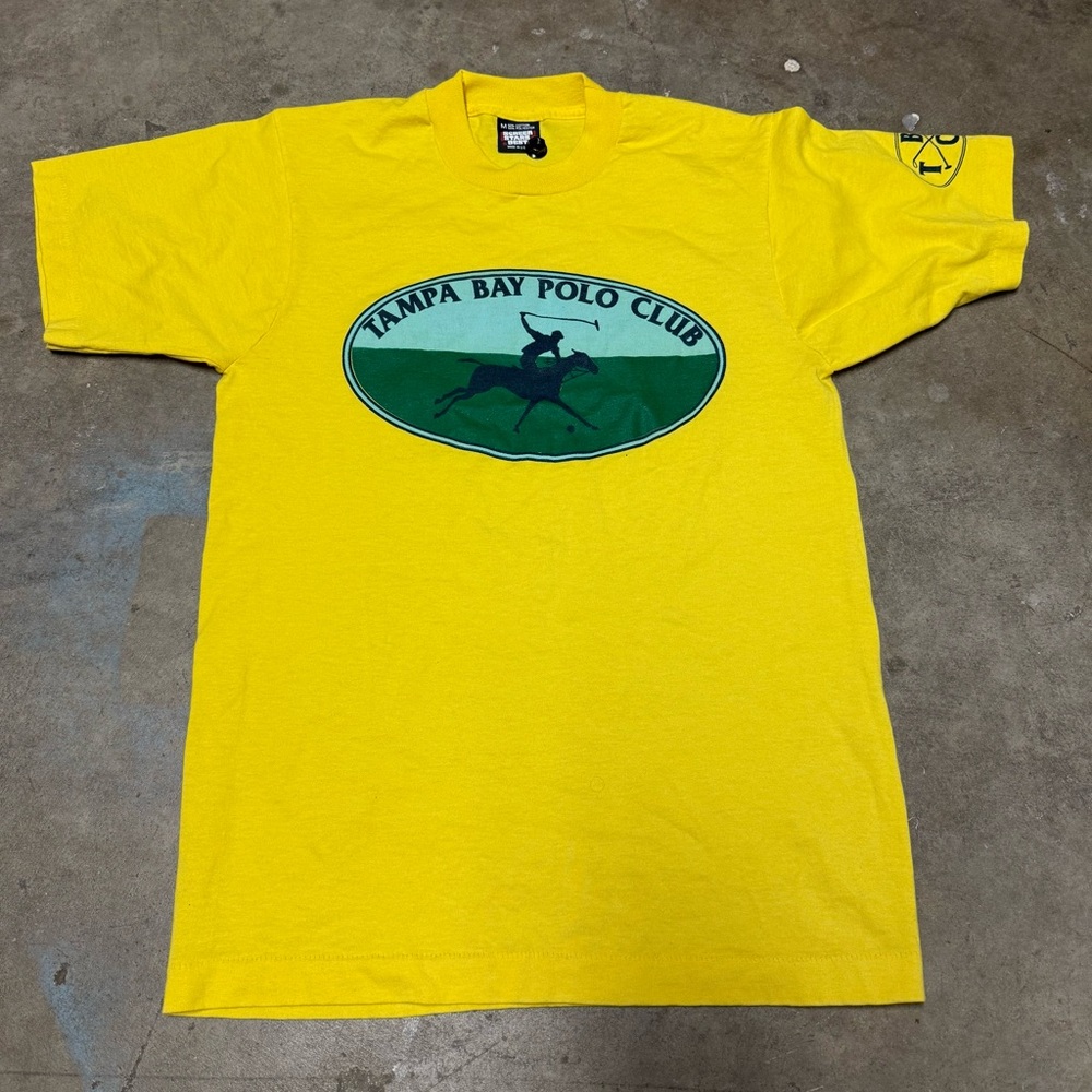 Vintage 80s Tampa Bay Polo Club Shirt Size Medium Yellow And Green Single Stitch